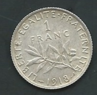 France, Semeuse, Franc, 1918,, SUP, Argent  PIA20601 - 1 Franc