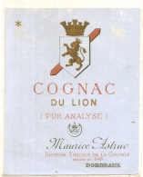 étiquette  - Cognac Du Lion - Pur Analysé  Maurice Montastruc Bordeaux  1896 - Vino Rosso