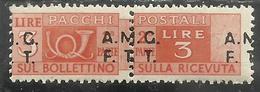 TRIESTE A 1947 1948 AMG-FTT SOPRASTAMPATO D'ITALIA ITALY OVERPRINTED PACCHI POSTALI LIRE 3 MNH VARIETY VARIETA' - Colis Postaux/concession