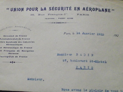 UNION Pour La SECURITE En AEROPLANE - Courrier Du 16 Janvier 1923 - Aviation - Avion - A Voir ! - Otros & Sin Clasificación