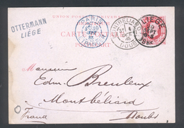 Entier De Liège Pour Montbéliard , Cachet Passage à Paris  1885 - Cartas-Letras