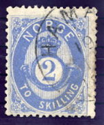 NORWAY 1874 Posthorn 2 Sk.blue Used. Michel 17a - Gebraucht