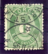 NORWAY 1875 Posthorn 1 Sk. Green Used. Michel 16c - Used Stamps