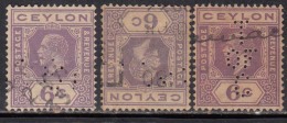 3 Diff., Perfins Used, Perfin  KGV Series, Ceylon - Perforiert/Gezähnt