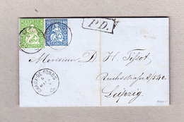 Schweiz 1863-05-06 Chaux-de-Fonds Faltbrief Nach Leipzig Mischfrankatur Strubel 40Rp Und Sitzende 10Rp Attest Guinand - Briefe U. Dokumente