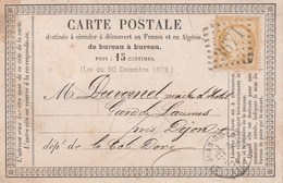 Yvert 55 Cérès Sur Carte Précurseur Cachet GC 3671 ST JEAN DE LOSNE Côte D'Or 4/11/1875 Pour Gare De Laumes Près Dijon - Precursor Cards