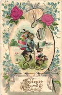 * T2/T3 Boldog Húsvéti Ünnepeket / Easter Greeting Card, Rabbit Family, Palette, Emb. Litho (EK) - Unclassified