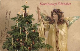 T2/T3 Karácsonyi Üdvözlet / Christmas Greeting Card With Angel And Christmas Tree, Candles, Litho... - Unclassified