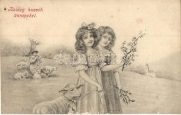 T2/T3 'Boldog Húsvéti Ünnepeket!' / Easter Greeting Card, Girls With Sheep, Shepherd (EK) - Unclassified