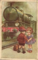 T2/T3 Young Couple With F. S. Locomotive, Farewell, Children, Italian Art Postcard, Barasits János S: A.... - Ohne Zuordnung