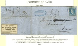 Lettre Avec Texte Daté De Paris Le 11 Mai 1871 Pour Le Havre Acheminée Hors De Paris Par L'agence... - Guerre De 1870