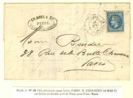 Etoile 4 / N° 29 Càd Provisoire (sans Levée) PARIS / R. D'ENGHIEN 18 MAI 71 Sur Lettre En Double... - Guerre De 1870