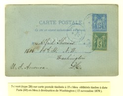 Càd Bleu PARIS 60 Sur Entier 15c Bleu + N° 75 Pour Washington. 1878. Rarissime Combinaison Du Tarif Voie... - Other & Unclassified
