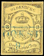 3 Gr. A. Lebhaftgraugelb, Allseits Vollrandig Wirkendes, Restauriertes Exemplar (hinterlegt, Ränder... - Oldenburg