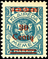 30 C. Auf 1000 Mark Blau, Aufdruck In Type I, Tadellos Postfrisch, Gepr. Dr. Petersen BPP, Mi. 500.-, Katalog: 229I... - Memelgebiet 1923