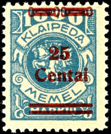 25 C. Auf 1000 Mark Blau, Aufdruck In Type I, Tadellos Postfrisch, Gepr. Klein BPP, Mi. 500.-, Katalog: 221I... - Klaipeda 1923