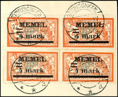 4 Mark Auf 2 Fr. Flugpostmarke, Y-Papier, Aufdruckfehler Ia "4 Verdickt", Viererblock Mit Drei Normalmarken,... - Memelgebiet 1923