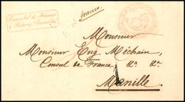 Incoming Mail: 1851, Faltbriefhülle Mit Rotem Posthorn-Stempel Von Padang Mit Rotem Absender-Stempel "Consulat... - Philippinen