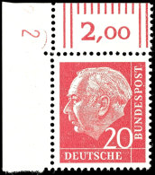 1960, Heuss-lumogen 20 Pf. Als Eckrandstück Mit DZ "2", Tadellos (unbeschriftet Und Ungefaltet), Mi. 160,--,... - Sonstige & Ohne Zuordnung