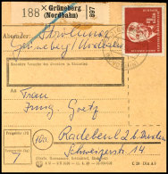 2 M. Pieck Als Einzelfrankatur Auf Paketkarte Aus GRÜNEBERG (NORDBAHN) 29.7.52 Nach Radebeul, Kleine Spuren,... - Other & Unclassified