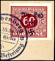 60 Heller Portomarke Mit Aufdruck "Wir Sind Frei! + Hakenkreuz", Tadellos Gestempelt Auf Briefstück, Auflage... - Other & Unclassified