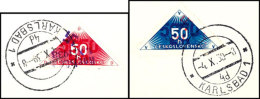50 H. Blau Und Rot. Dreiecksmarke Jeweils Mit Aufdruck "Karlsbad 1.X.1938 + Hakenkreuz", Tadellos Gestempelt Auf... - Other & Unclassified