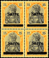 25 Pf Germania Sarre Viererblock In B-Farbe Mit Aufdruck Type III Tadellos Postfrisch, Gepr. Burger BPP Und... - Sonstige & Ohne Zuordnung