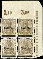 3 Pfg Germania Mit Aufdruck "Sarre" In Type II, Viererblock Vom Eckrand Oben Rechts (Feld 9/10 Und 19/20),... - Sonstige & Ohne Zuordnung