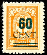 60 Cent  Grünaufdruck, Aufdruck In Type I, Tadellos Postfrisch, Unsigniert, Fotoattest Huylmans BPP (2014):... - Klaipeda 1923