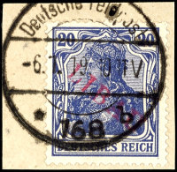 20 Pfg Germania Dunkelviolettblau Mit Rotem Aufdruck "LIBAU" In Type II, Tadellos Gestempelt Auf Briefstück,... - Sonstige & Ohne Zuordnung