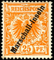 25 Pf. Gelblichorange Mit Plattenfehler I "Reichspost Oben Gespalten", Ungebraucht Mit Min. Schürfpunkten, FA... - Marshall Islands