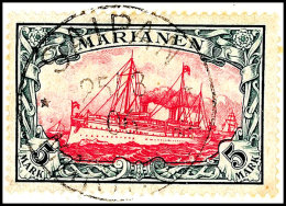 5 Mark Kaiseryacht, Tadellos Gestempelt Auf Briefstück, Fotoattest Hartung "Die Marke Auf Briefstück Ist... - Mariana Islands