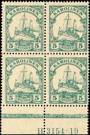 5 Pfg Kaiseryacht Mit Wasserzeichen, Postfrischer Viererblock Mit HAN 3154.19, Mi. 236.-, Katalog: A21 HAN **5... - Karolinen