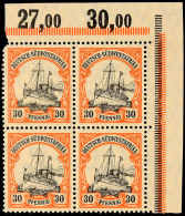 30 Pfg Kaiseryacht Mit Wasserzeichen Auf X-Papier, Rechter Oberer Eckrand-4er-Block Tadellos Postfrisch (Seitenrand... - German South West Africa