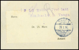 2 1/2 Heller  Frei Laut Ein.Nachw. In Tanga, Violetter Barfrankierungsstempel (L2) Auf Streifband Vom 21.1.16 ... - German East Africa