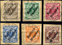 1899, Schrägaufdrucke Kpl. Gest. Je Einzeln Auf Briefstücken Mit Meist Zentr. Stpl. RABAT, Mi. 120,--,... - Deutsche Post In Marokko