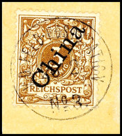 3 Pf. Steilaufdruck Olivbraun Mit Stempel KDFP No. 3 (Yangtsun) Tadellos Auf Luxus-Briefstück, Attestkopie... - Deutsche Post In China
