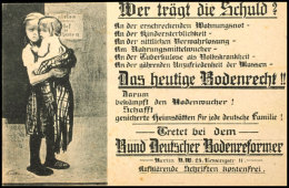 1918 (ca.), Vordruckkarte "Wer Trägt Die Schuld" Vom Bund Deutscher Bodenreformer Mit Abb. "Kind Trägt... - Sonstige & Ohne Zuordnung