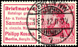 Reklame "Briefmarken Ph. Kosack" + 10 Pfg Germania Karmin Friedensdruck, Waagerechter Zusammendruck, Zentrisch Klar... - Other & Unclassified