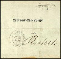 "HAGENOW-ROSTOCK III T 1/4"; (K2) Literaturunbekannter Bahnpoststempel Auf Retour-Recepisse Von "FREYENSTEIN" (L2)... - Mecklenburg-Schwerin