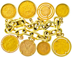 Massive Goldene Panzerkette Aus 585er Gold Mit Acht Goldmünzen Bzw. Goldmedaillen. Länge Ca. 20,50cm,... - Sonstige & Ohne Zuordnung