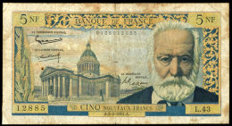 Frankreich, 5 Francs, O.J. (1960-1958), Victor Hugo, Überdruck "5 Nouveax Francs", Seriennummer 12885 L. 43,... - Ohne Zuordnung