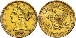 5 Dollars, Gold, 1893, Coronet Head, Fb. 143, Vz.  Vz5 Dollars, Gold, 1893, Coronet Head, Fb. 143, Extremley... - Other & Unclassified
