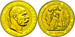 100 Kronen, Gold, 1907, Franz Josef I., 40jährige Krönungsjubiläum, Fb. 256, Kl. Rf., Ss.  Ss100... - Hungary