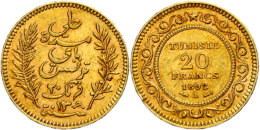 20 Francs, Gold, 1892, Unter Französischem Protektorat, Ali Bey, Mzz A Paris, Fb. 12, Vz.  Vz20 Franc,... - Tunesien