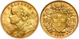 20 Franken, 1935, Gold, Vreneli, St  St20 Franc, 1935, Gold, Vreneli, St  St - Other & Unclassified