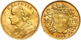 20 Franken, 1935, Gold, Vreneli, Kl. Rf, Vz-st  Vz-st20 Franc, 1935, Gold, Vreneli, Small Rf, Extremly Fine To... - Sonstige & Ohne Zuordnung