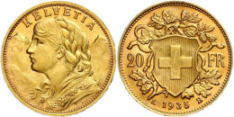 20 Franken, 1935, Gold, Vreneli, Rs. Kl. Kratzer, Vz-.st  Vz-st20 Franc, 1935, Gold, Vreneli, At Back. Small... - Other & Unclassified