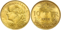 10 Franken, 1922, Gold, Vreneli, Vz  Vz10 Franc, 1922, Gold, Vreneli, Extremly Fine  Vz - Other & Unclassified