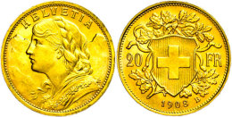 20 Franken, 1908, Gold, Vreneli, St  St20 Franc, 1908, Gold, Vreneli, St  St - Sonstige & Ohne Zuordnung
